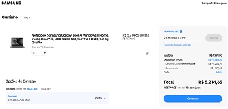 Galaxy Book4 por R$ 5.214,65 na loja oficial da Samsung.