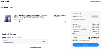 Galaxy S26 Ultra de 1TB por R$ 8.499,00 na loja oficial da Samsung.