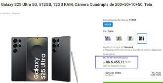 Promoção do Galaxy S25 Ultra de 512GB.
