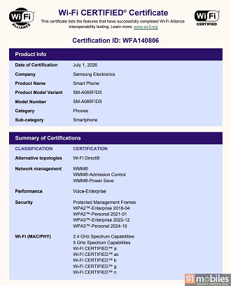 Certificação do Galaxy A08