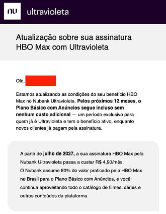 Email do Nubank sobre o HBO MAX