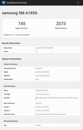 Galaxy A18 surge com One UI 9, mas repete antigo processador do A17 (Foto: Geekbench).