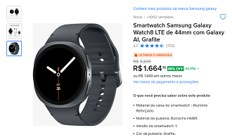 Samsung Galaxy Watch8 LTE 44mm com 48% de desconto!