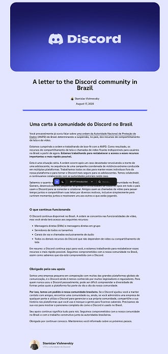 Carta aberta do Discord à comunidade brasileira
