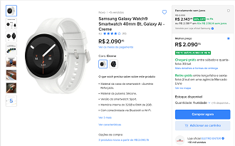 Samsung Galaxy Watch9 40mm BT por R$ 2.090,15 no Mercado Livre!