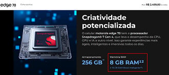 Página do Edge 70 também já é mais específica e mostra que são 8 GB de RAM + 16 GB de RAM Boost Inteligente. Imagem: Captura de tela