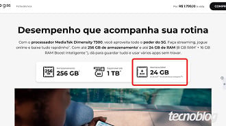 Página do Moto G86 exibia a informação de até 24 GB de RAM. Imagem: Tecnoblog/Reprodução