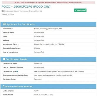 POCO X8s aparece em certificação na Tailândia