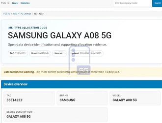 Galaxy A08 5G no banco de dados IMEI (Imagem: Reprodução/SammyGuru)