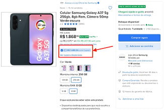 Galaxy A37 256GB em oferta no Mercado Livre