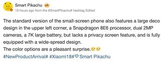 Vazamento das principais especificações do Xiaomi 18 (Foto: Smart Pikachu / Weibo).